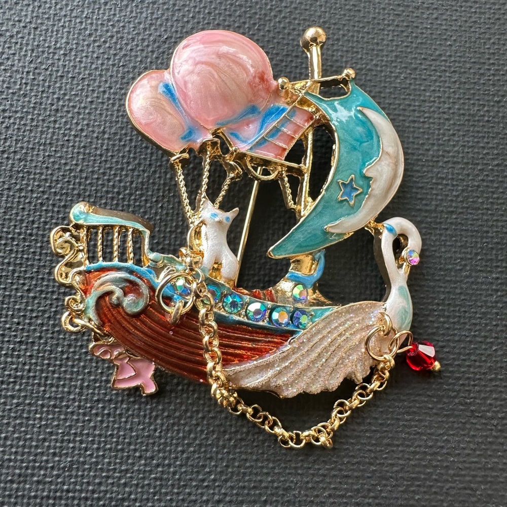 Whimsical Gold and Pink Enamel Brooch